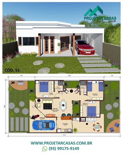 Projeto De Casa Térrea 3 Quartos Cód 51 Plantas De Casas Projetos De Casas Terreas Projetos