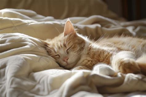 Ginger Cat Sleeping Peacefully In Bed On Sunny Morning Stock Image