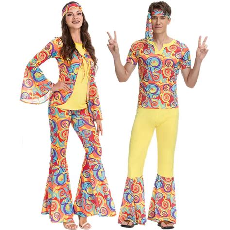 Retro 60s 70s Hippie Cosplay Carnival Halloween Costume For Men Women Fancy Disguise Clothing