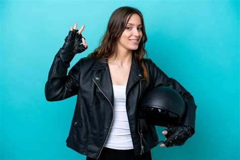 Mujer Cauc Sica Joven Con Un Casco De Motocicleta Aislado Sobre Fondo