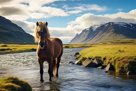 Icelandic horse in the river. Beautiful Icelandic landscape. Iceland ...