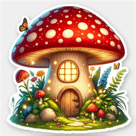 A Sticker With A Mushroom House In The Middle Of Some Plants And