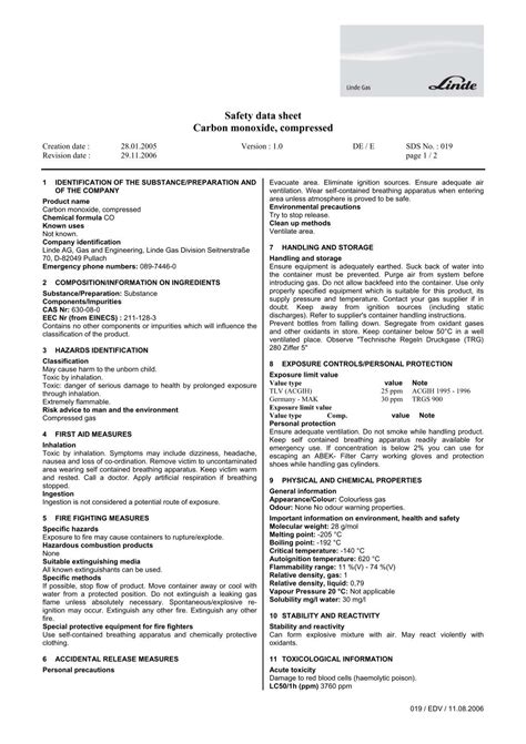 Safety Data Sheet Carbon Monoxide Compressed Linde Gas
