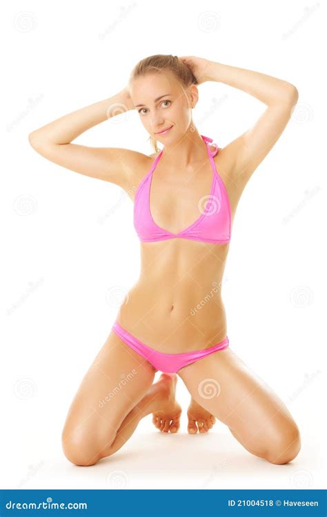 Tan Woman In Bikini Standing On Her Knees Stock Photo Image Of Brown