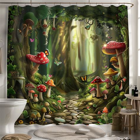 Enchanted Forest Cartoon Shower Curtain With Mushrooms And Butterflies