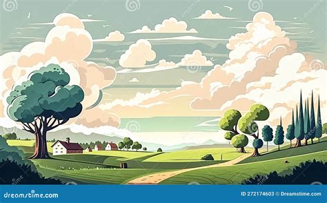 Countryside Landscape with Hills, Trees and Clouds. Cartoon ...