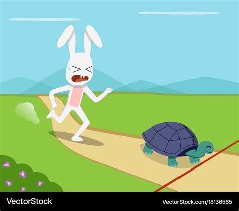 Rabbit and tortoise go to finish line Royalty Free Vector