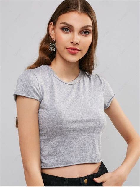 Short Sleeves Plain Crop Tee In Gray Zaful 2024