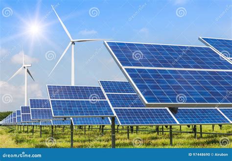 Solar Cells And Wind Turbines Generating Electricity In Power Station