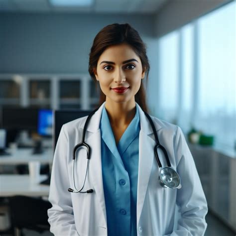 Premium Photo A Happy Female Doctor Wear Blue Uniform White Medical