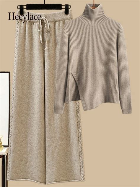 Fall Winter Turtleneck Knitted Sweater And Wide Leg Pant Sets Office