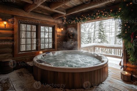 Steaming Hot Tub Inviting Relaxation In Rustic Log Cabin During Winter