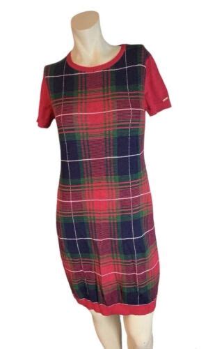 Tommy Hilfiger Red Blue Plaid Wool Blend Sweater Dress Women S Size