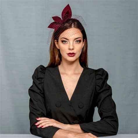 Modern Burgundy Wool Felt Fascinator With Black Veil Party Etsy