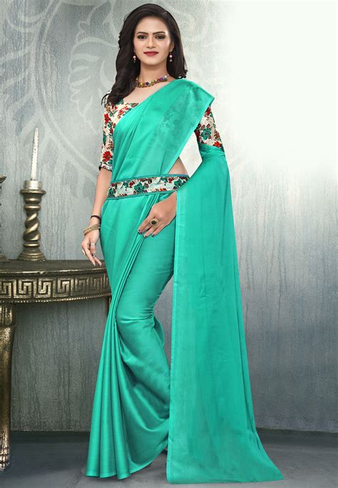 Buy Solid Color Satin Saree In Turquoise Online Sela511 Utsav Fashion