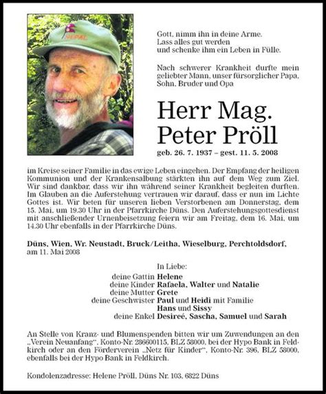 Todesanzeigen von Peter Pröll Todesanzeigen Vorarlberger Nachrichten