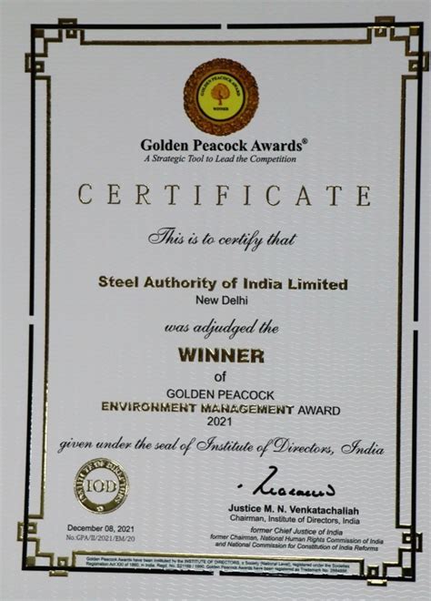 Sail Receives Prestigious Golden Peacock Environment Management Award 2021 Krc Times