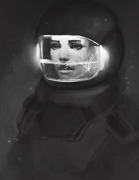 A Black And White Photo Of A Person In A Space Suit With A Helmet On