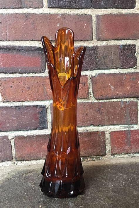 Vintage 1970s Mid Century Viking Glass Dark Amber Stretch Vase Swung Vase Mcm Bud Vase