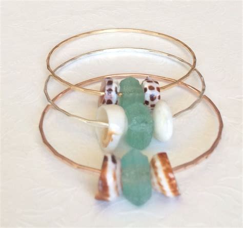 Beach Glass And Shell Bangle Puka Shell Bangle Sea Glass Bangle