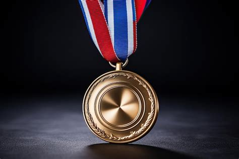 Medalha De Ouro Pendurada Em Fita Vermelha Branca E Azul Sobre Fundo