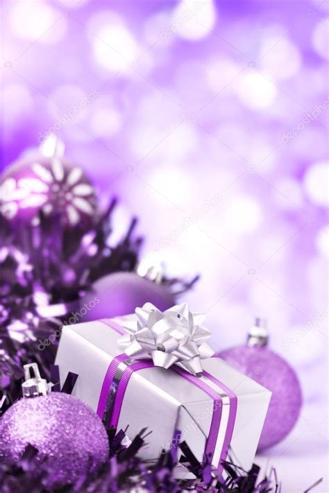 Purple Christmas Scene With Baubles And Gift Stock Photo Sara