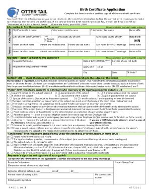 Form Mn Birth Certificate Application Otter Tail County