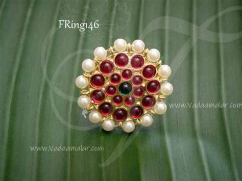 Gold Plated Kempu Stones With Pearls Finger Ring For Bharatanatyam