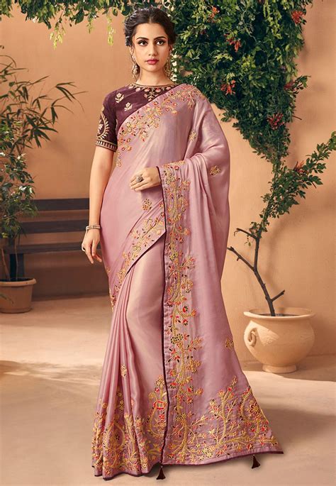 Embroidered Art Silk Saree In Lilac Saree Designs Traditional Sarees