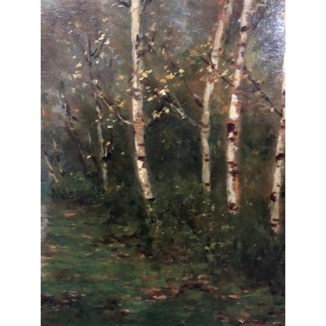 Antico Quadro Dipinto Olio Paesaggio Campagna Autunno Betulle Guilloche