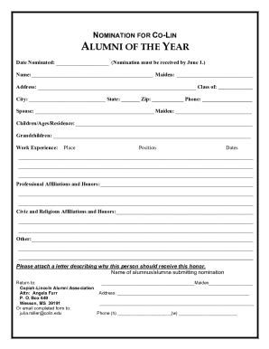 Fillable Online Alumni Of The Year Nomination Form Fax Email Print