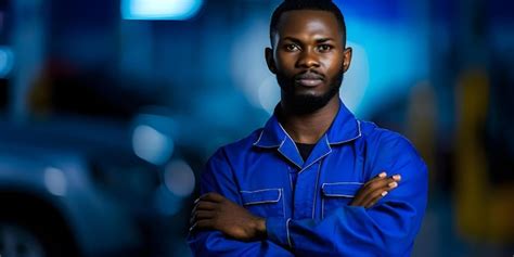 Proud African American Mechanic Standing With Arms Crossed In Auto