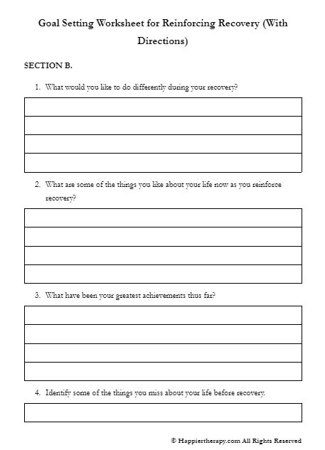 Goal Setting Worksheet For Reinforcing Recovery With Directions