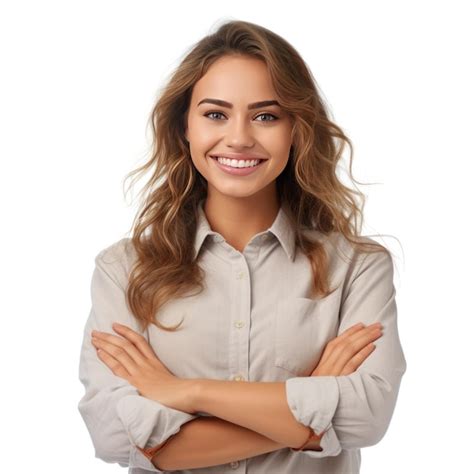 Premium Photo A Woman With Her Arms Crossed Smiles In Front Of A