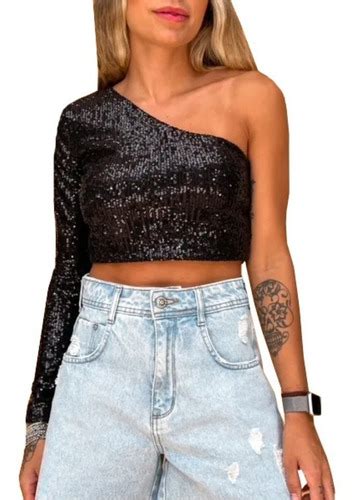 Cropped Top Feminino Paetê Brilho Um Ombro Só Manga Longa MercadoLivre