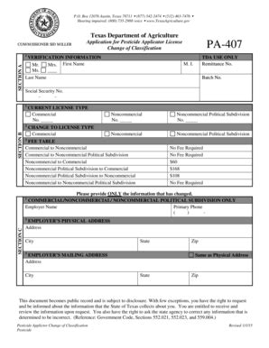 Fillable Online Texasagriculture Pa 407 Pesticide Applicator Change Of