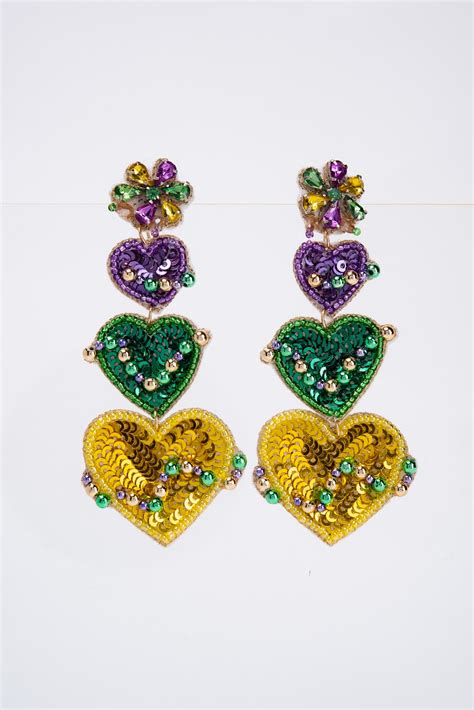 Kaylee Mardi Gras Gemstone Beaded Heart Drop Earrings Sophia Collection