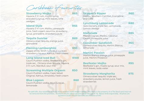 @the Beach Bar menù, Pretoria - Main Menu | Sluurpy