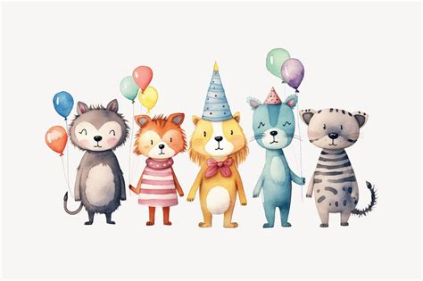 Birthday party animal cartoon, watercolor | Free Photo Illustration ...