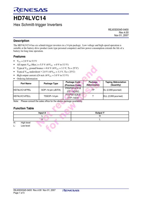 HD74LVC14 Datasheet Hex Schmitt Trigger Inverters