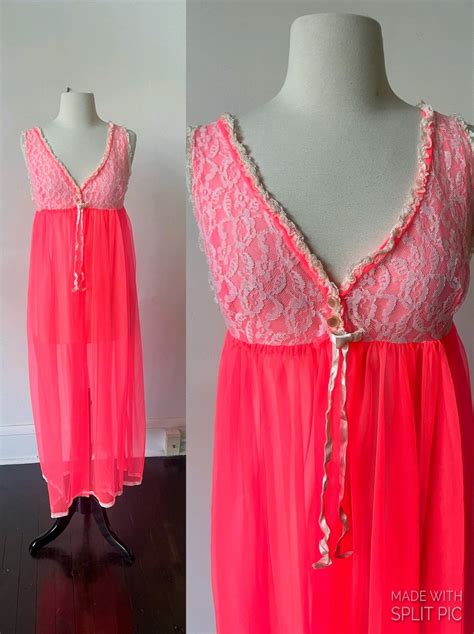 Vintage Hot Pink Sexy Nightgown 1960s Neon Pink White Lace And Hot Pink Toole Teddy 60s Sheer