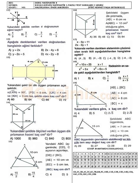 8 Sınıf Matematik Dersi 2 Dönem 1 Yazılı Sınav Soruları Ve Cevapları 3