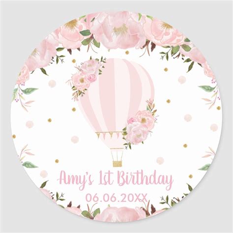 Pink Blush Floral Hot Air Balloon Birthday Favor Classic Round Sticker Zazzle Birthday