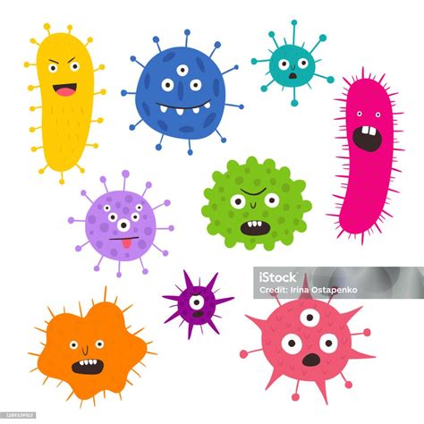 Bakteri Kartun Dan Kuman Mikroba Warna Dan Virus Penyakit Diisolasi Di Latar Belakang Putih