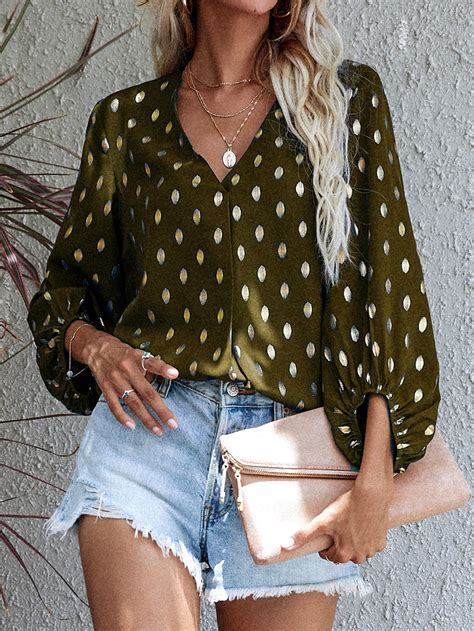 Gold Dot Print Lantern Sleeve Blouse Shein Eur