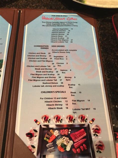 Menu at Hayashi Hibachi restaurant, McAllen