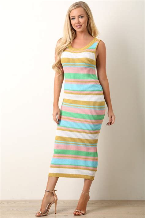 Striped Ribbed Knit Bodycon Midi Dress