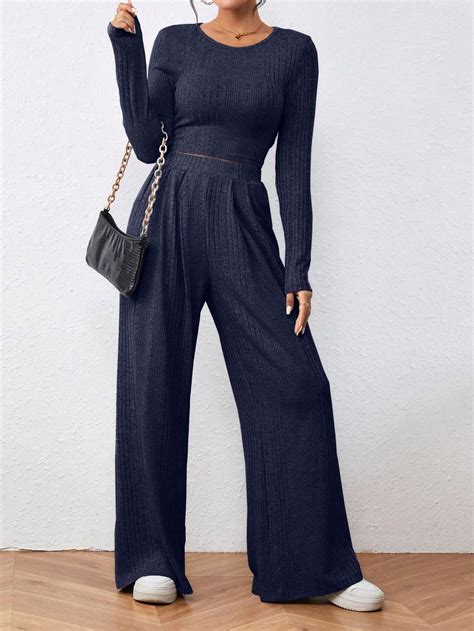 Shein Essnce Solid Crop Tee Wide Leg Pants Shein Usa