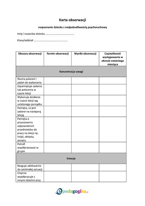 Karta Obserwacji Rozpoznanie Dziecka Z Nadpobudliwoscia Psychoruchowa