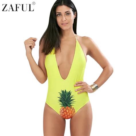 Zaful 2017 Halter Pineapple Plunge Swimsuit Sexy Unique Print One Piece